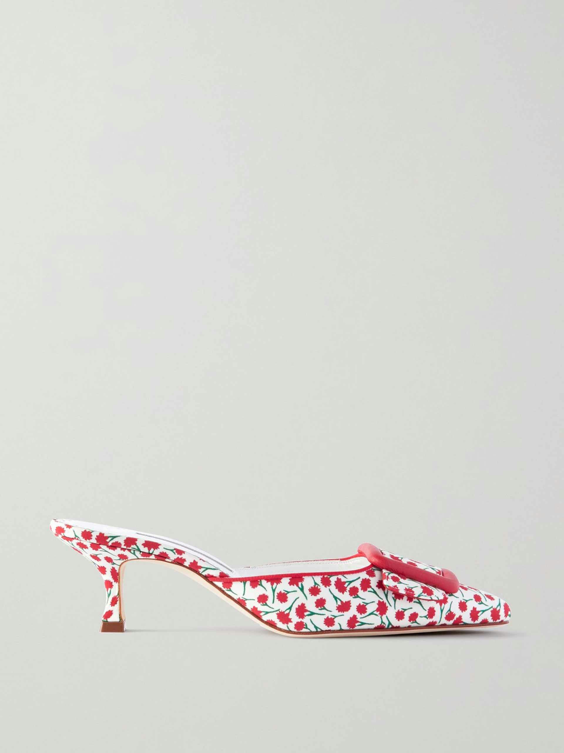 Buckled floral-print canvas mules