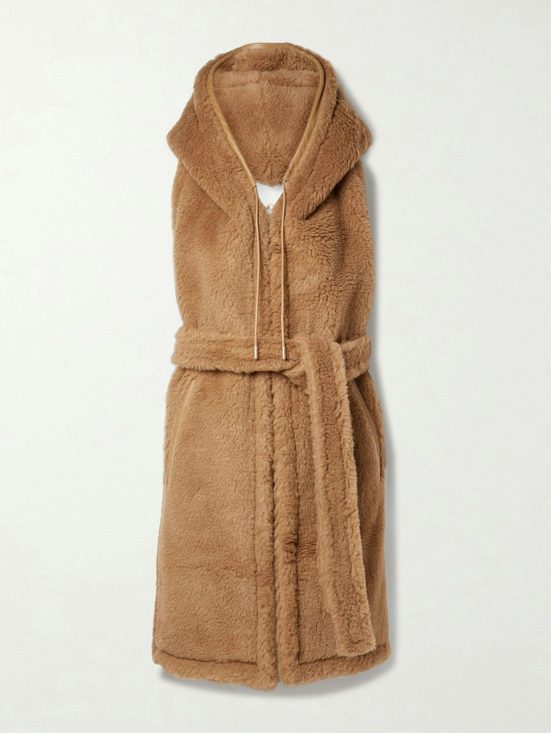 Tan belted hooded camel hair and silk-blend wrap
