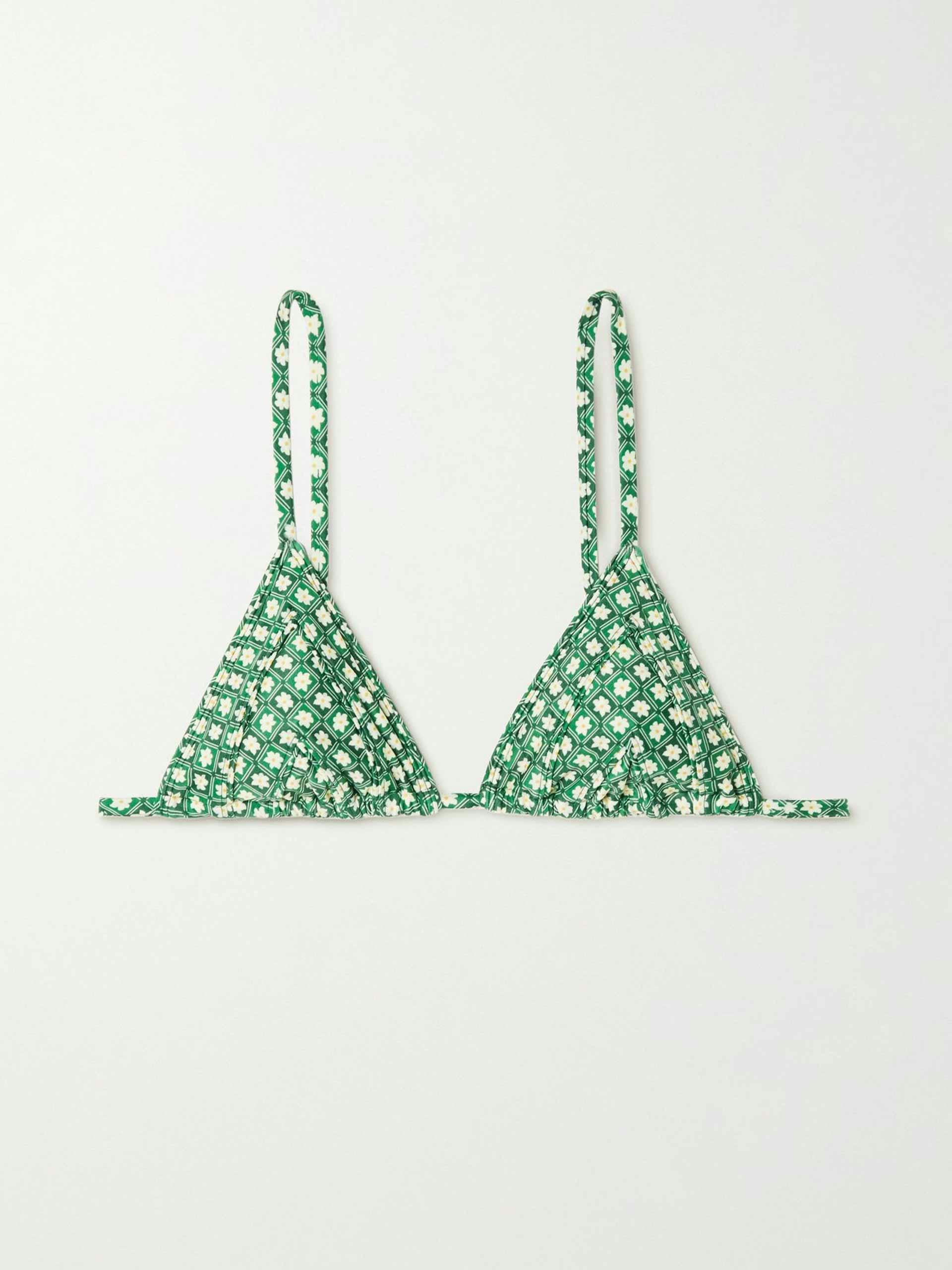 Green floral-print triangle bikini top