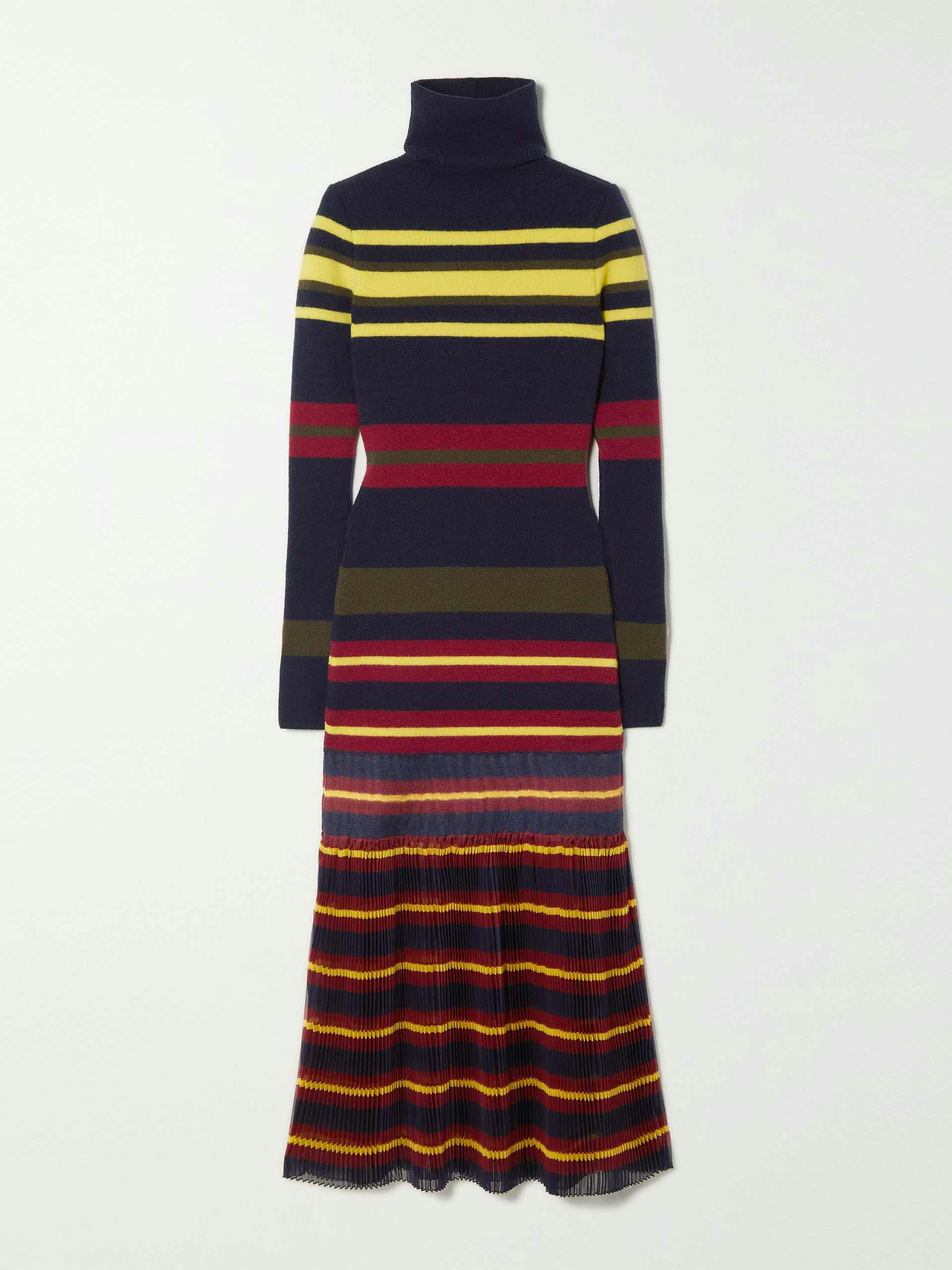 Striped pleated wool and chiffon midi dress