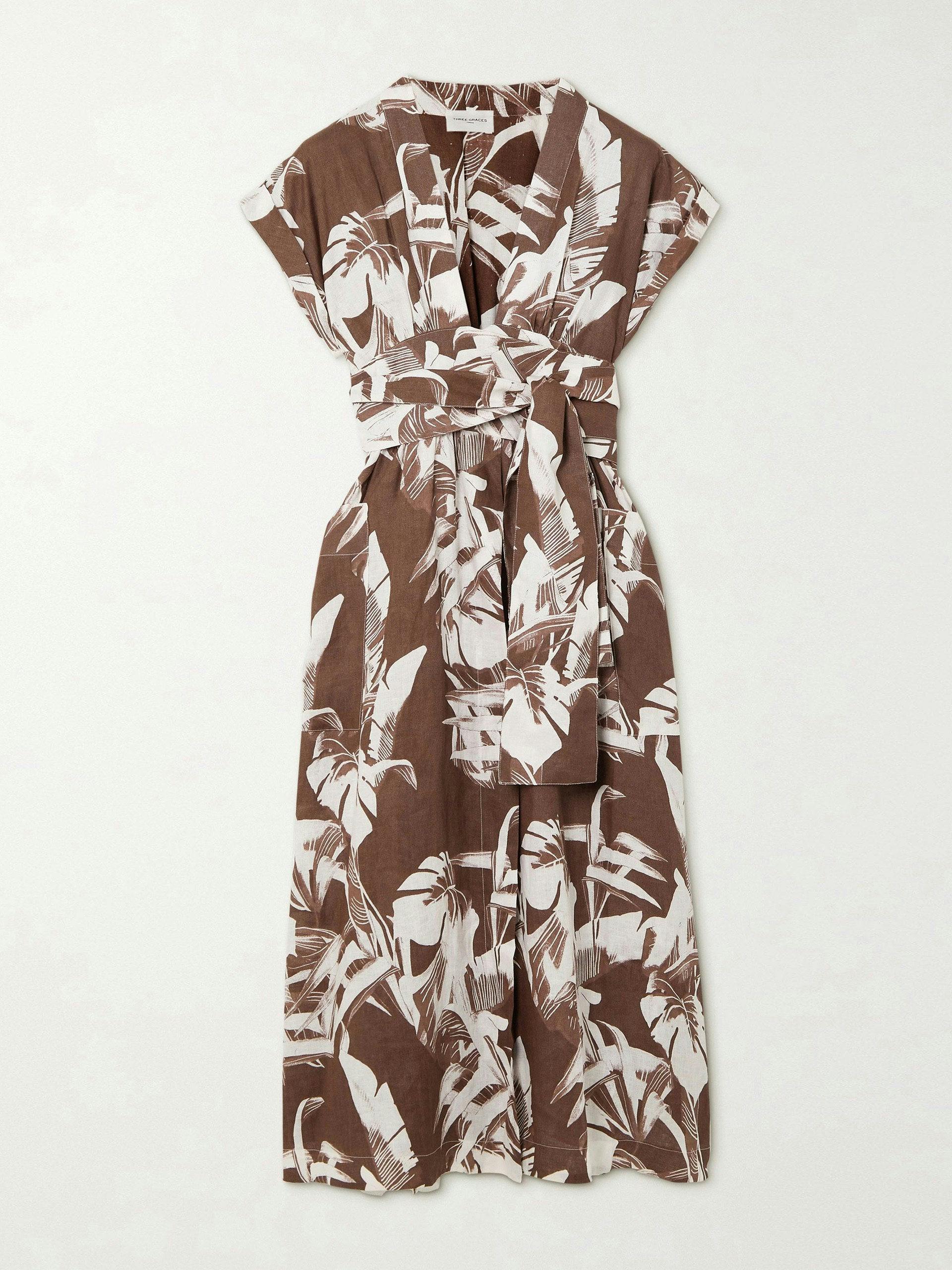 Clarissa floral-print linen wrap midi dress