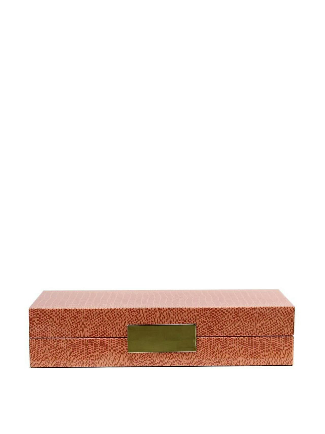 Beautiful high gloss lacquered orange croc small box by Addison Ross. Features a gold plated clasp and matching hinges and lined in cream suede | Collagerie.com