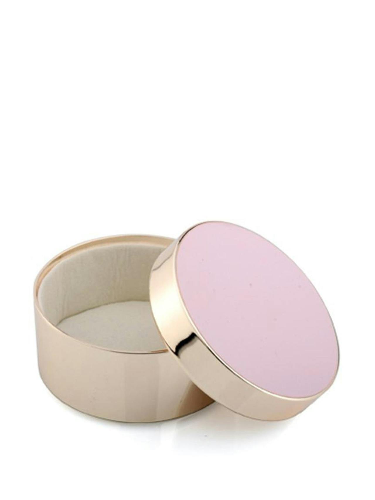Beautiful small pastel pink enamel and gold plate trinket pot by Addison Ross. Lined in soft stone coloured velvet with a removable lid | Collagerie.com
