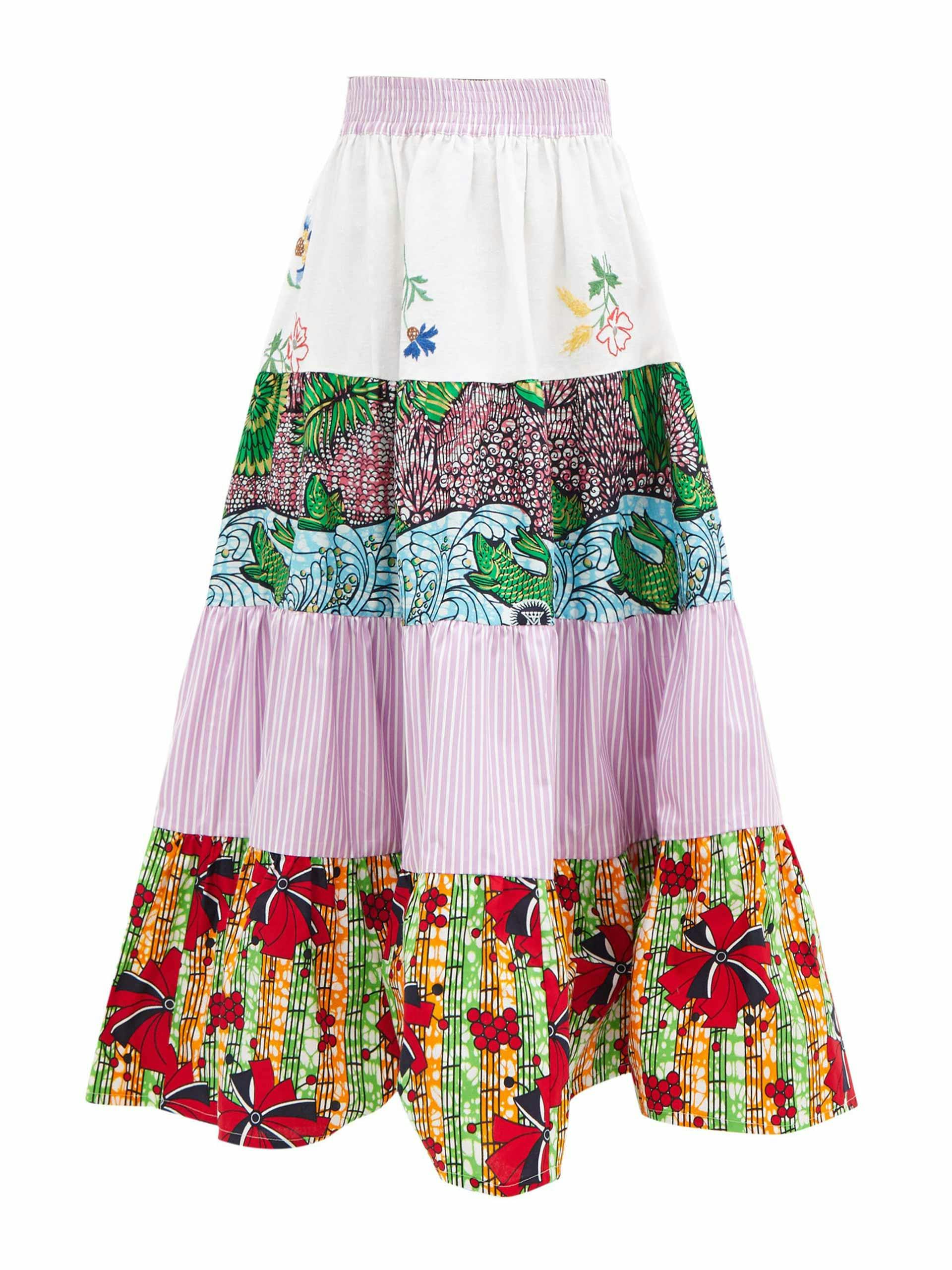 Multicoloured cotton-volant midi skirt