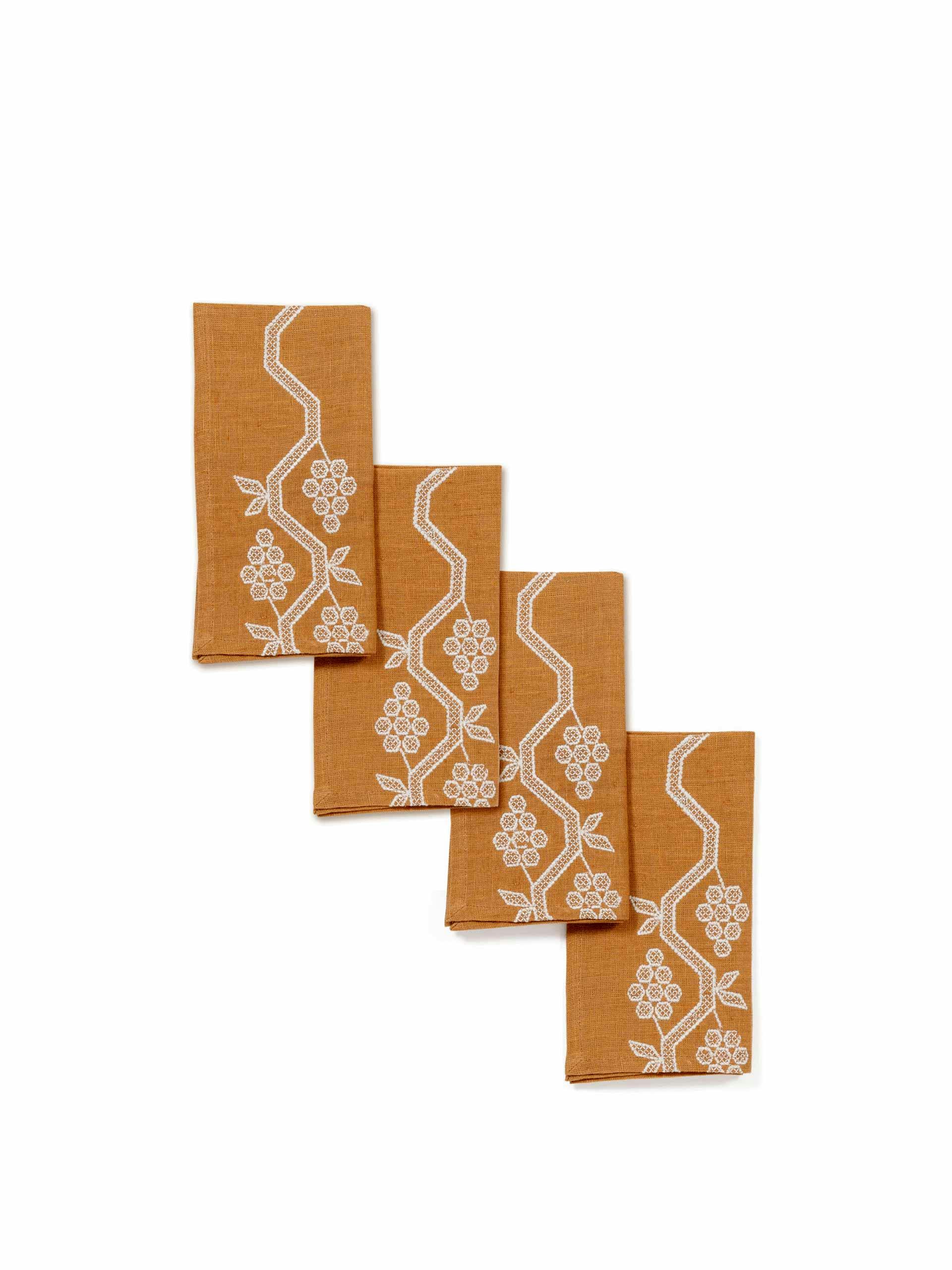 Orange hand embroidered napkin set of 4