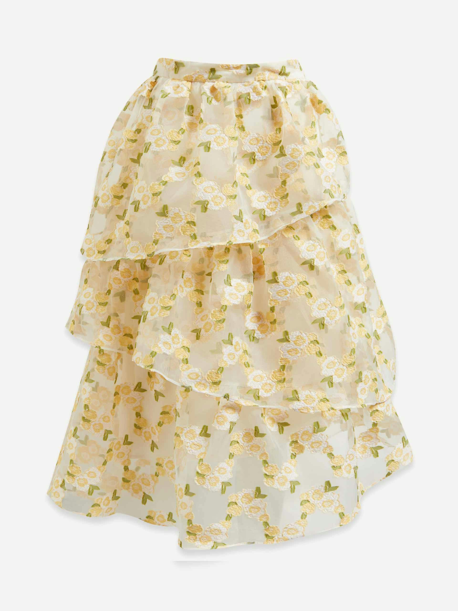 Yellow floral organza tiered skirt