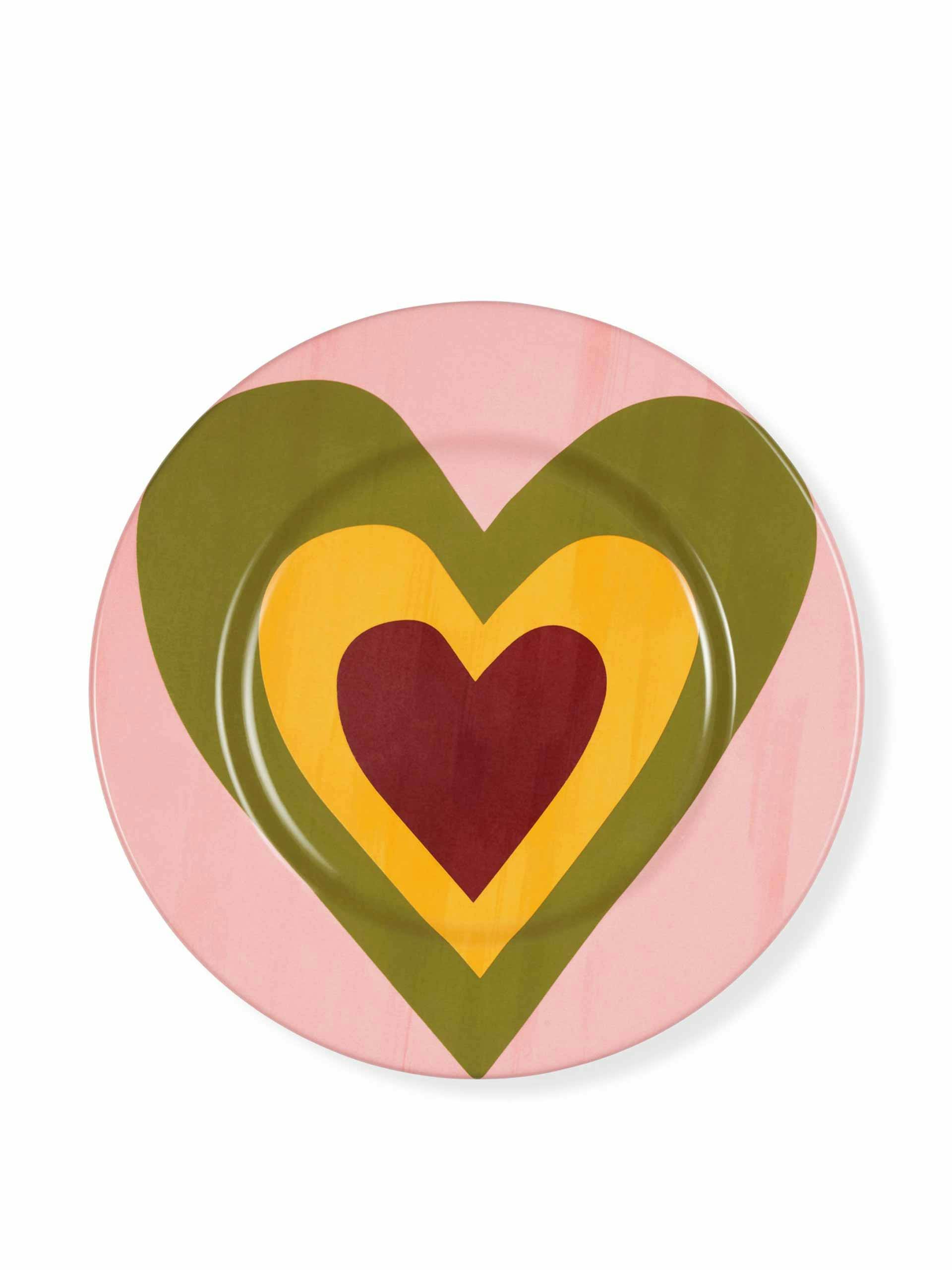 Heart dinner plate in rose pink and avocado green