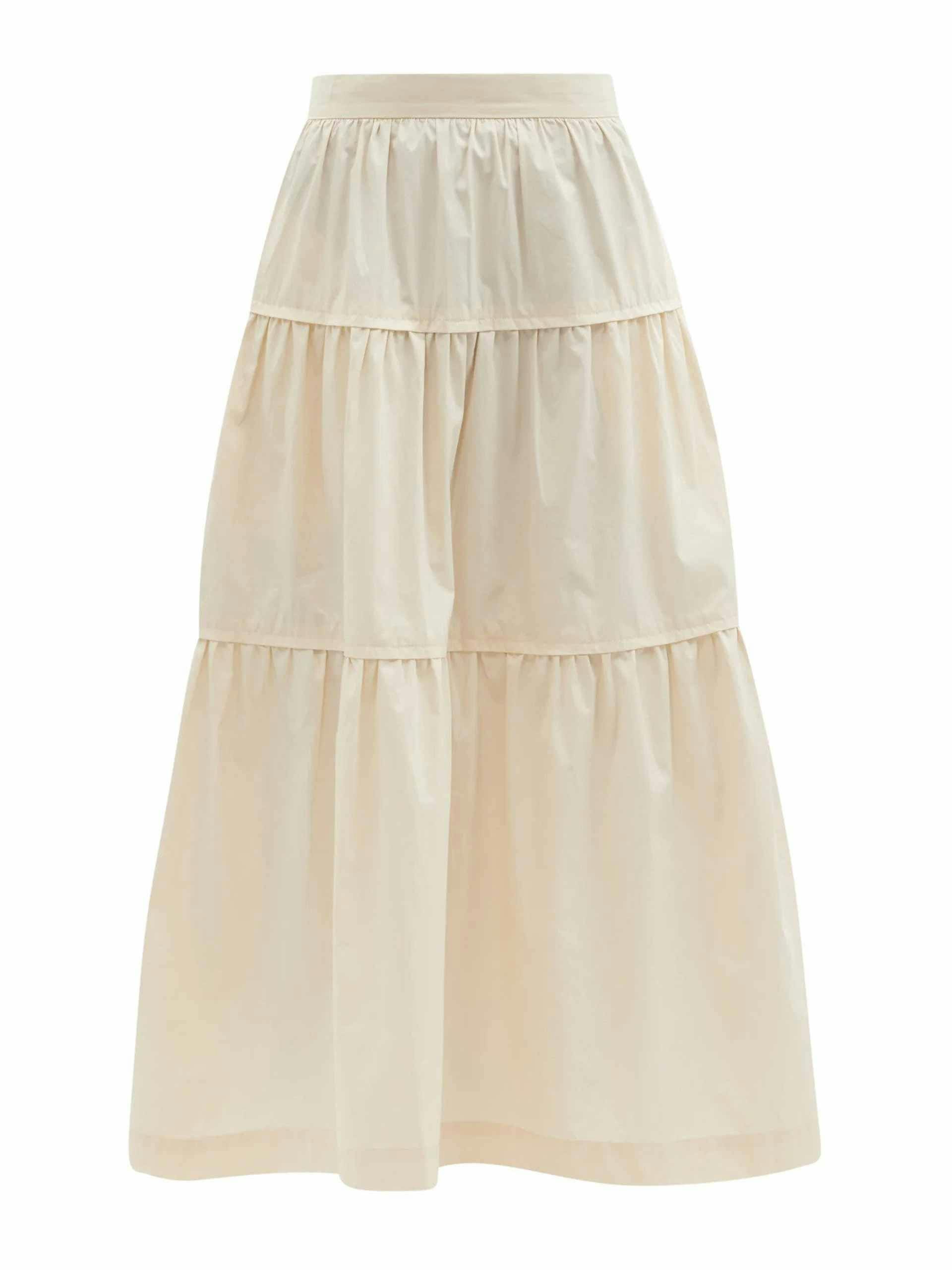 Cream tiered cotton-poplin midi skirt