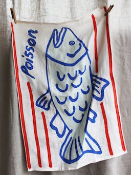 100% linen embroidered Amuse La Bouche tea towel handmade in India by skilled artisans. 50 x 70cm. Collagerie.com