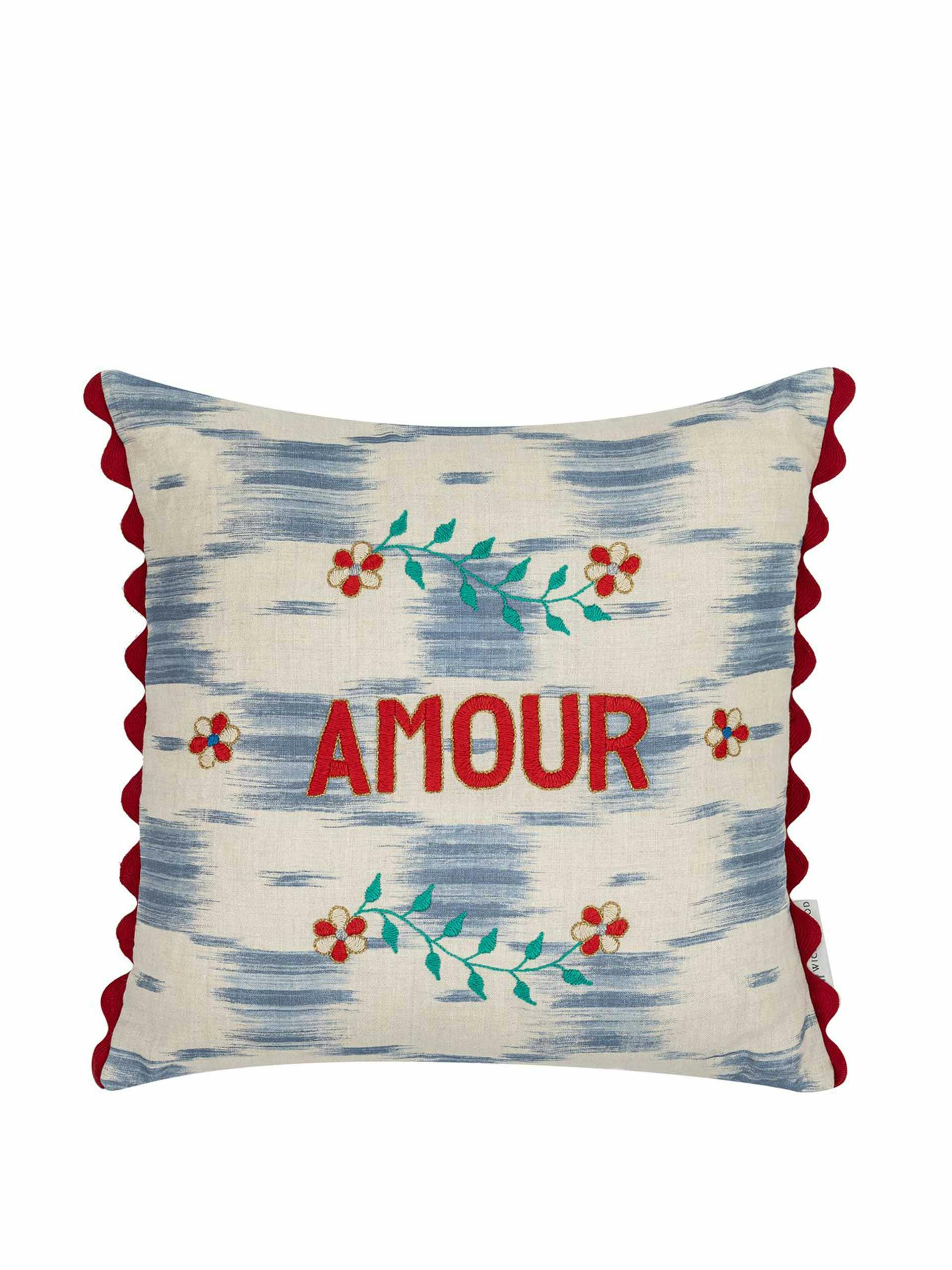 Blue square cushion with embroidery